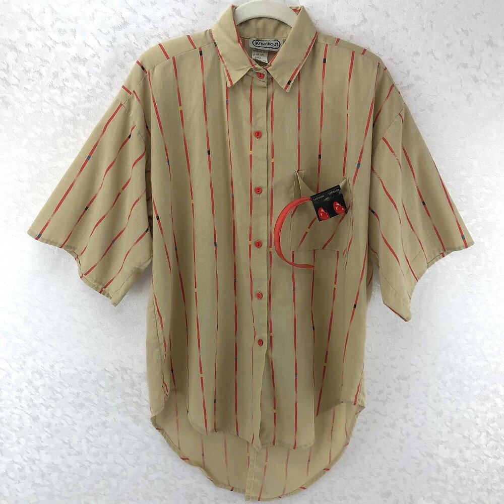 Knockout Vintage 90s Button-Up Size S Tan Shirt w/Red Stripe & Bonus Accessories
